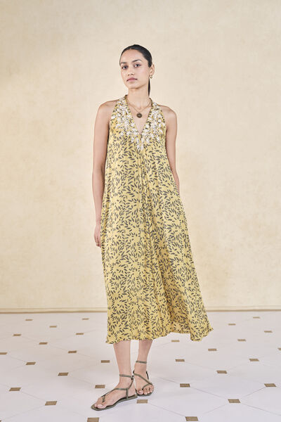 Leafbird Handcrafted Ajrakh A-Line Dress - Yellow